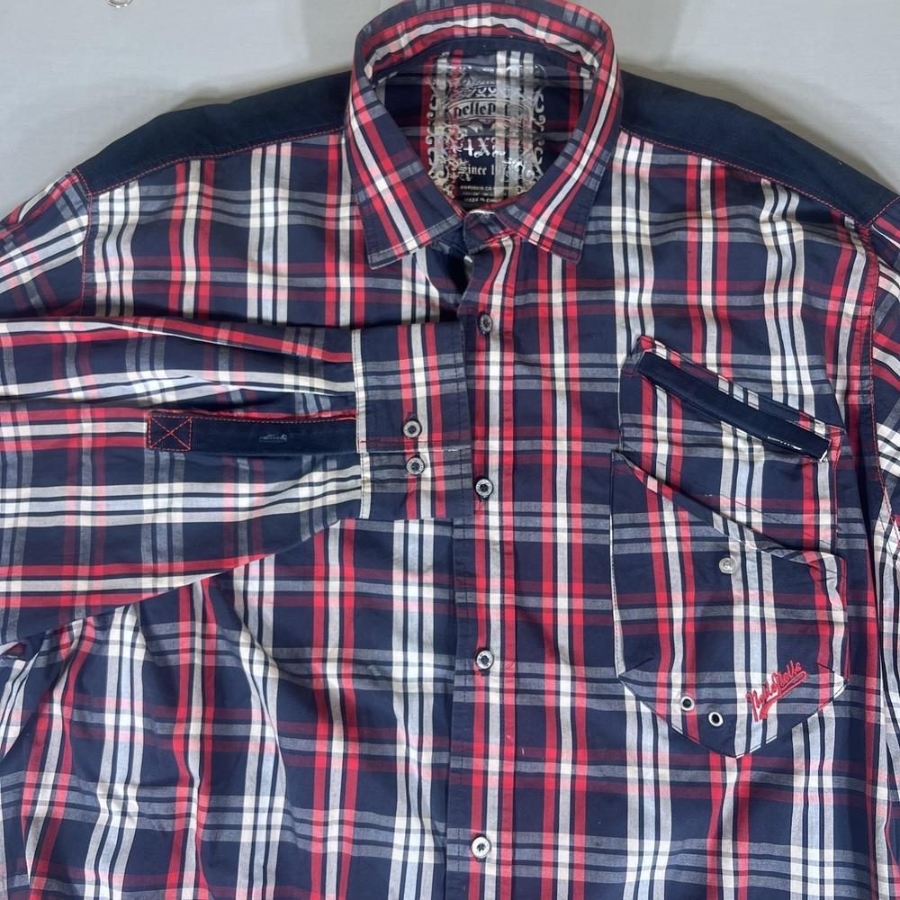 Marc Ecko Button Up Shirt Mens XXL Plaid Long Sleeve Red Blue Casual